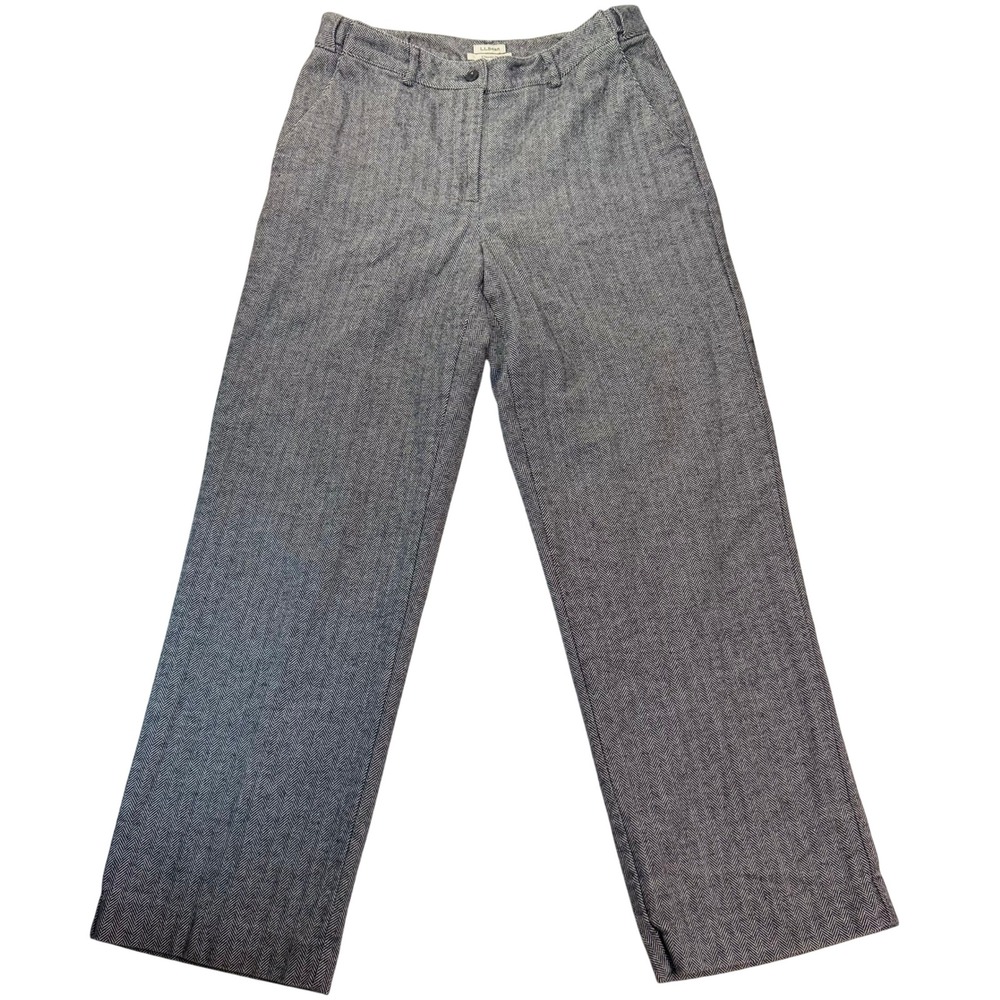 LL Bean Herringbone Trousers Womens 10 Reg Classic Fit Cotton Straight Leg Gray
